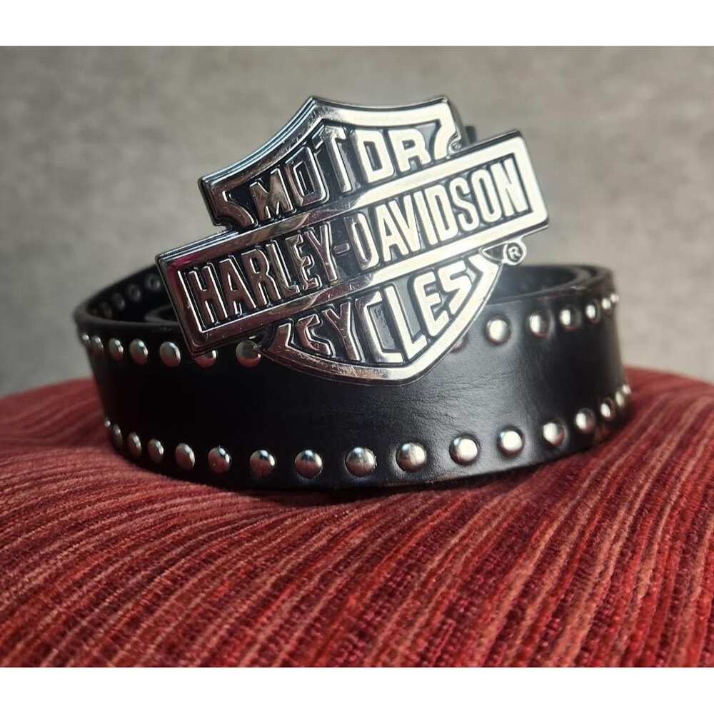 Vintage Harley Davidson Black Leather Belt Silver Logo Buckle Sz 38 2004 Biker